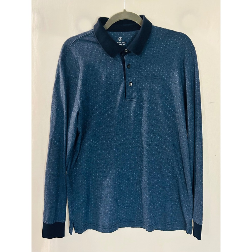 Lands End Mens Blue Supima Cotton Long Sleeve Polo Shirt Traditional Fit Medium